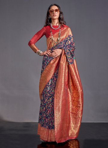 Adorable Blue and Red Handloom Silk Woven Classic 