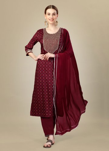 Adorable Maroon Silk Blend Embroidered Salwar Suit for Ceremonial