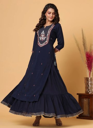 Adorable Navy Blue Chanderi Embroidered Party Wear