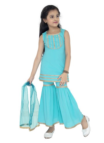 Adorable Turquoise Georgette Embroidered Designer 