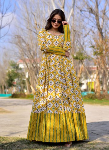 Adorable Yellow Muslin Digital Print Readymade Designer Gown