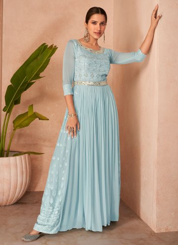 Alluring Embroidered Chiffon Aqua Blue Floor Length Gown