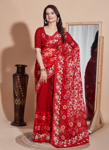 Alluring Embroidered Net Red Contemporary Saree