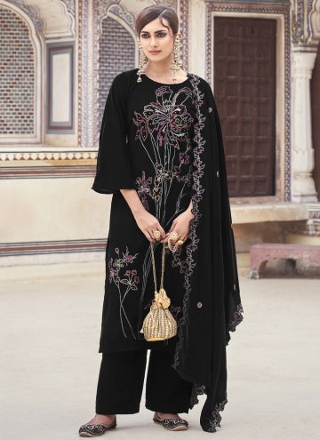Alluring Embroidered Velvet Black Palazzo Suit