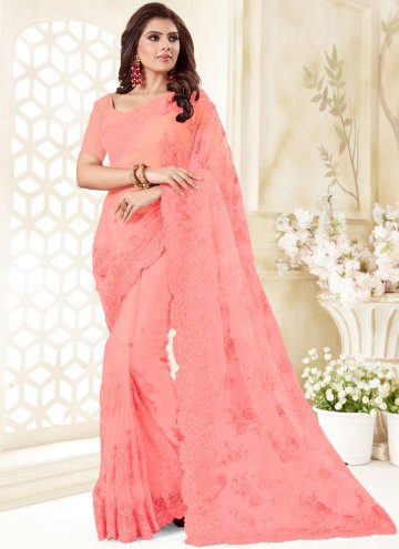 Alluring Hot Pink Net Embroidered Classic Designer Saree for Ceremonial