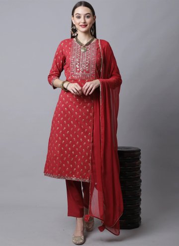 Alluring Red Cotton  Embroidered Trendy Salwar Kam