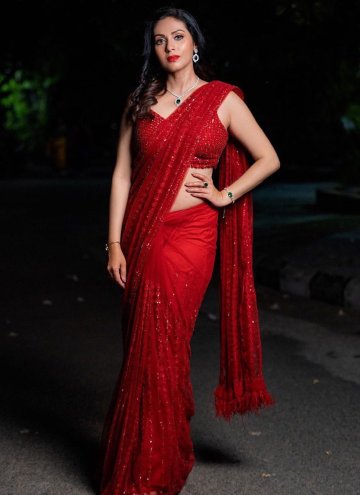 Alluring Red Net Embroidered Contemporary Saree