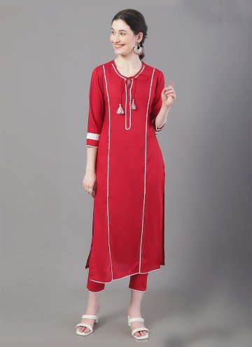 Alluring Red Rayon Plain Work Pant Style Suit