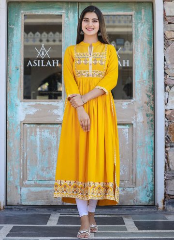 Alluring Yellow Rayon Embroidered Casual Kurti