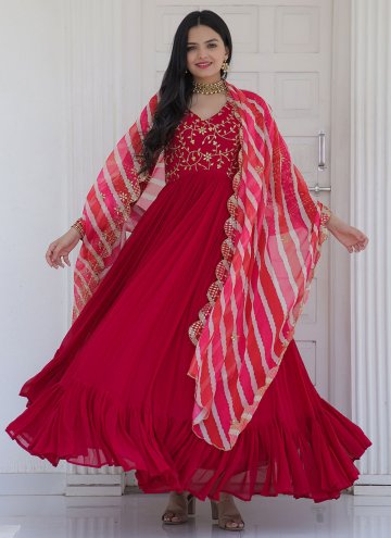 Amazing Embroidered Chiffon Red Floor Length Gown