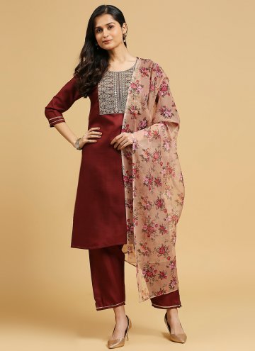Amazing Maroon Cotton  Embroidered Salwar Suit for