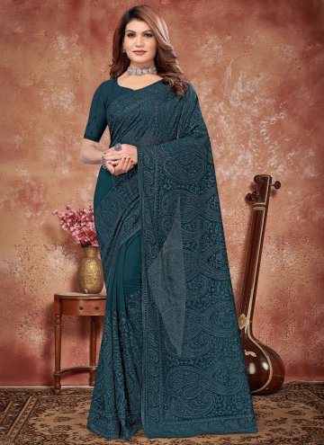 Amazing Teal Georgette Embroidered Traditional Sar