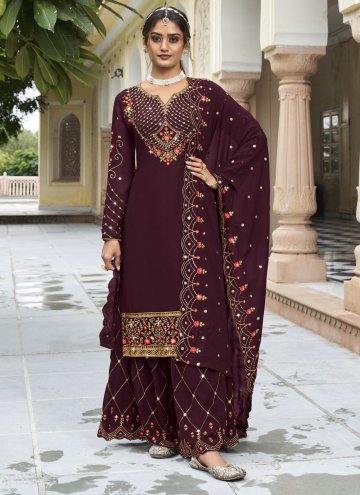Amazing Wine Faux Georgette Embroidered Straight S