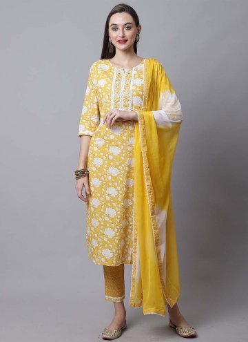 Amazing Yellow Cotton  Embroidered Salwar Suit for Festival