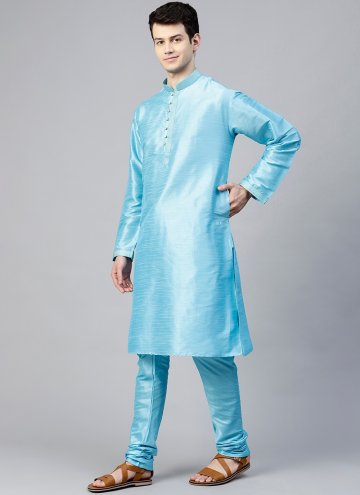 Aqua Blue Art Dupion Silk Plain Work Kurta Pyjama for Engagement