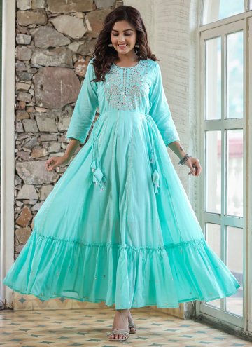 Aqua Blue color Cotton  Gown with Embroidered