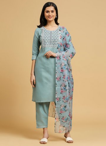 Aqua Blue color Embroidered Cotton  Salwar Suit