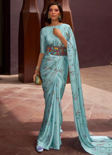 Aqua Blue Designer Contemporary Saree in Satin wit