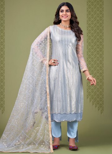 Aqua Blue Net Embroidered Pant Style Suit for Mehndi