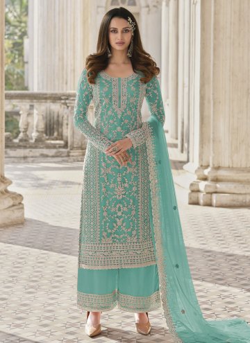 Aqua Blue Salwar Suit in Net with Embroidered
