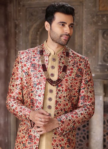 Art Silk Indo Western in Beige and Maroon Enhanced with Embroidered
