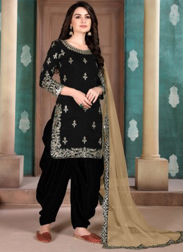 Art Silk Patiala Suit in Black Enhanced with Embro
