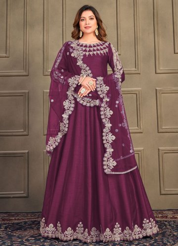 Art Silk Trendy Salwar Kameez in Purple Enhanced with Embroidered