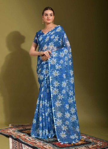Attractive Blue Linen Printed Contemporary Saree f