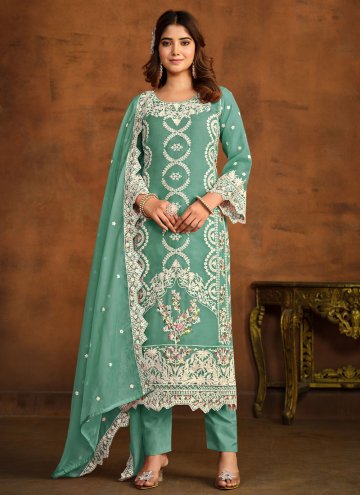 Attractive Embroidered Organza Sea Green Pant Styl