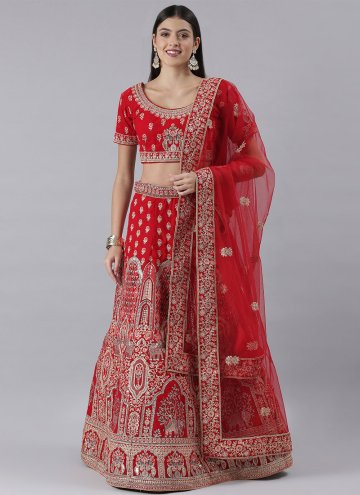 Attractive Embroidered Silk Red A Line Lehenga Cho