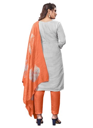 Attractive Grey Silk Embroidered Salwar Suit for Casual