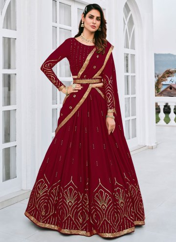 Attractive Maroon Georgette Embroidered A Line Leh