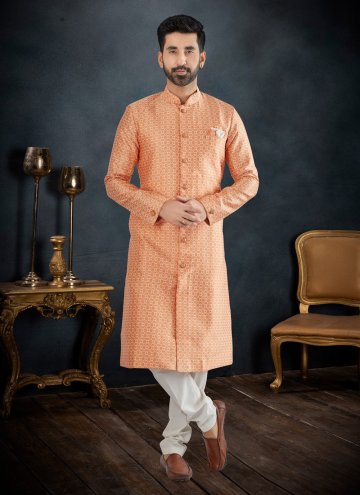 Attractive Peach Banarasi Jacquard Embroidered Kurta Pyjama for Engagement