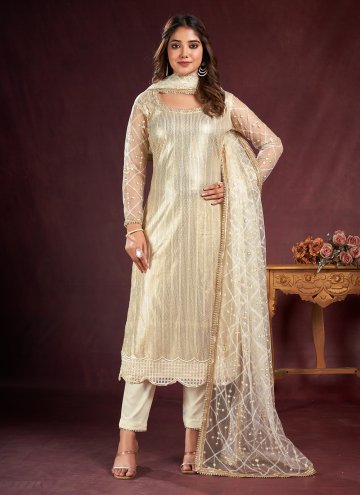 Attractive White Cotton  Embroidered Salwar Suit