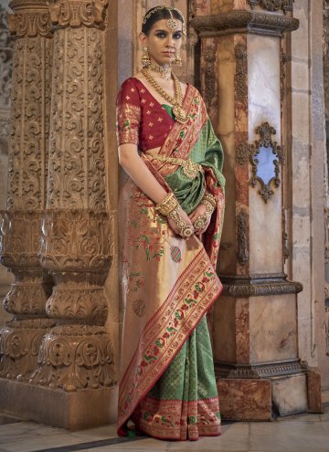 Banarasi Silk Saree in Green and Maroon Enhanced with Woven