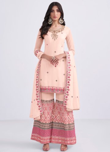 Beautiful Khatli Work Georgette Peach Straight Salwar Suit
