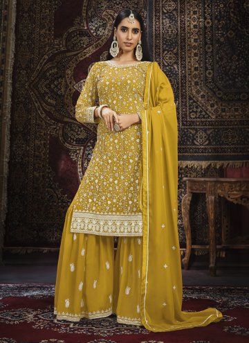 Beautiful Mustard Faux Georgette Embroidered Palaz