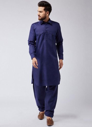 Beautiful Navy Blue Cotton  Plain Work Kurta Pyjam