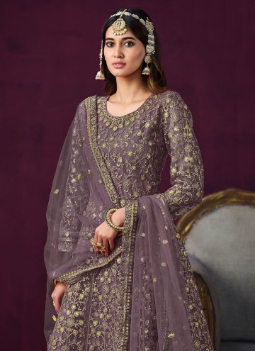 Beautiful Purple Net Embroidered Floor Length Leyered Salwar Suit