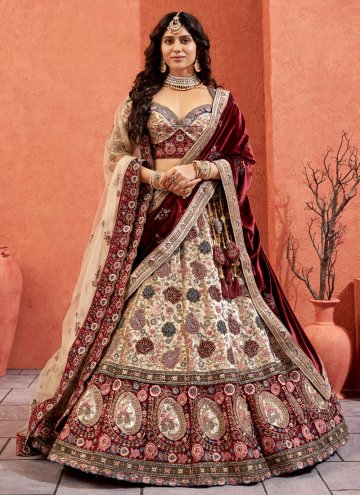 Beige A Line Lehenga Choli in Velvet with Embroidered