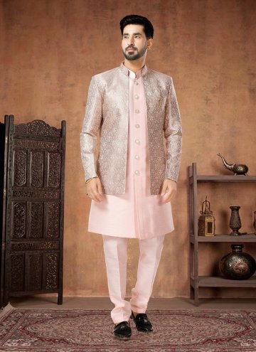 Beige and Pink Indo Western in Jacquard with Embroidered
