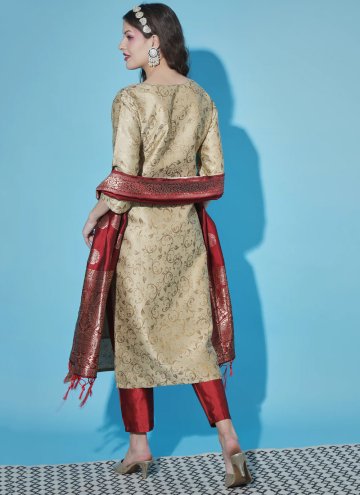Beige Cotton Silk Jacquard Work Pant Style Suit