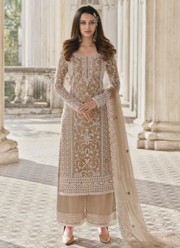 Beige Salwar Suit in Net with Embroidered