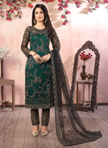 Black and Green Pant Style Suit in Net with Embroi