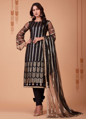 Black color Net Salwar Suit with Embroidered