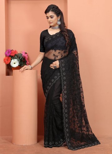 Black Contemporary Saree in Net with Embroidered