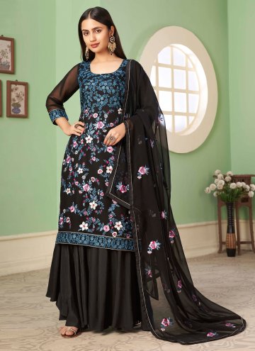 Black Palazzo Suit in Georgette with Embroidered