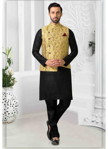 Black Polly Cotton Woven Kurta Payjama With Jacket for Engagement