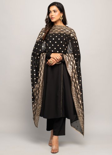Black Salwar Suit in Faux Crepe with Plain Work