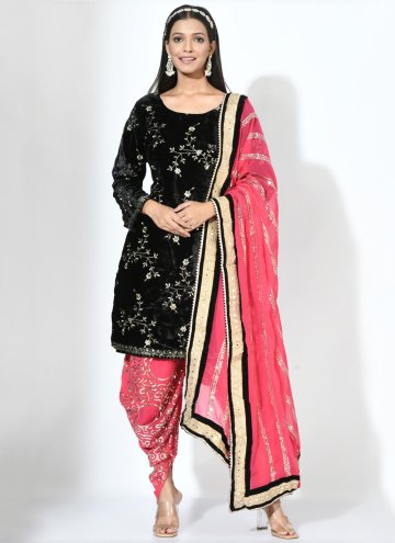 Black Salwar Suit in Velvet with Embroidered